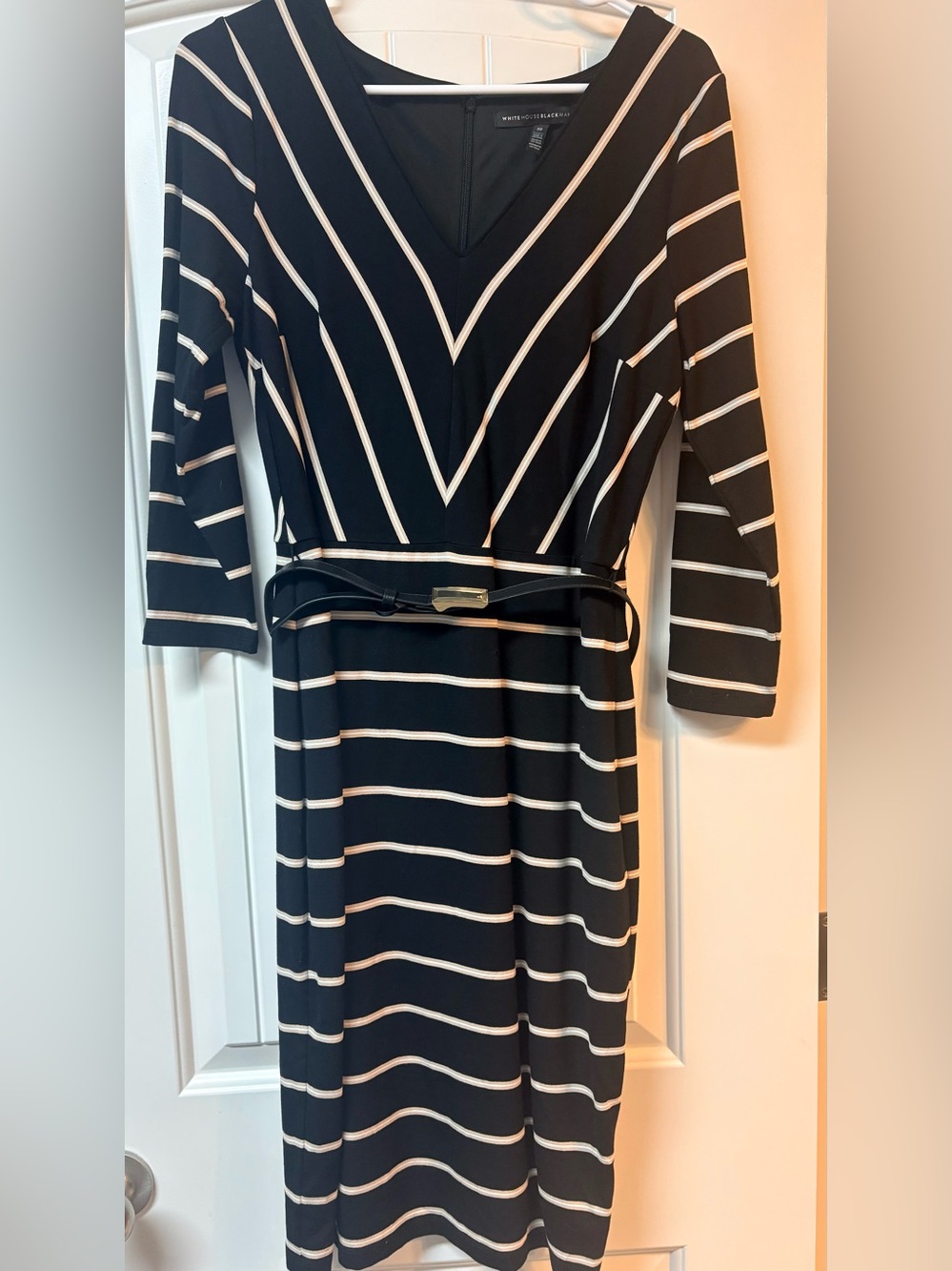 White House Black Market Black and White Striped V-Neck Midi Dress